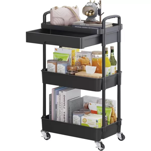 Calmootey 5Tier Rolling Utility Cart with DrawerMultifunctional Storage Organizer with Plastic Shelf ampamp Metal WheelsStorage Cart for KitchenBathroomLiving RoomOfficeBlackBlack