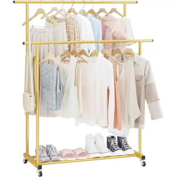 Calmootey Double Rod Clothing Garment RackRolling Hanging Clothes RackPortable Clothes Organizer for BedroomLiving RoomClothing StoreWhiteGold