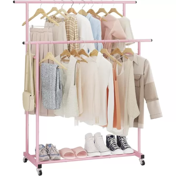 Calmootey Double Rod Clothing Garment RackRolling Hanging Clothes RackPortable Clothes Organizer for BedroomLiving RoomClothing StoreWhitePink