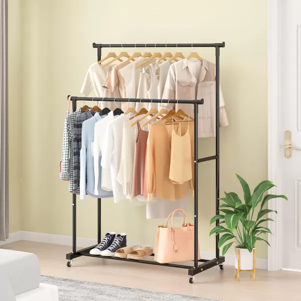 Calmootey Double Rods Clothing Rack Rolling Garment Rack Clothes Rack with Hooks Hanging Clothes Organizer for Bedroom Entryway Black