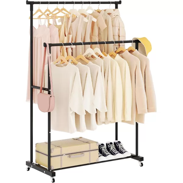 Calmootey Double Rods Clothing Rack Rolling Garment Rack Clothes Rack with Hooks Hanging Clothes Organizer for Bedroom Entryway Black