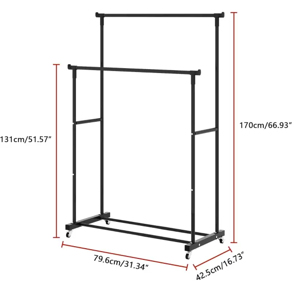 Calmootey Double Rods Clothing Rack Rolling Garment Rack Clothes Rack with Hooks Hanging Clothes Organizer for Bedroom Entryway Black