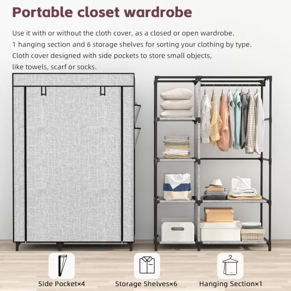 Calmootey Portable Closet Organizers Clothing Storage Wardrobe with 6 Shelves and Hanging Rod NonWoven Fabric Cover with 4 Side Pockets BlackAsh Grey