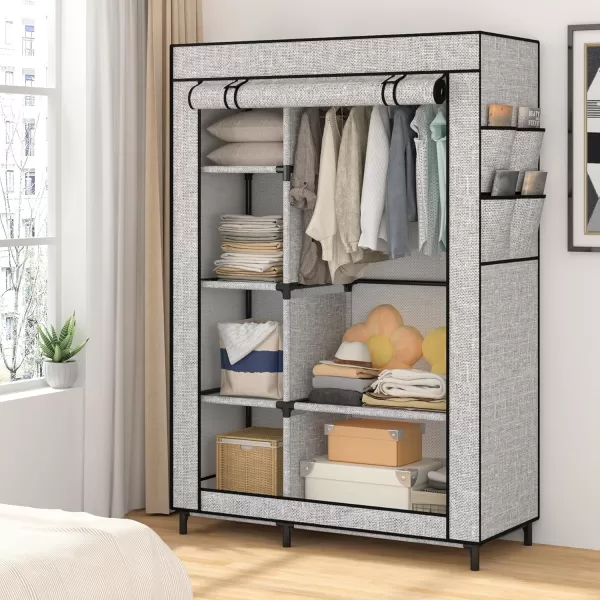 Calmootey Portable Closet Organizers Clothing Storage Wardrobe with 6 Shelves and Hanging Rod NonWoven Fabric Cover with 4 Side Pockets BlackAsh Grey