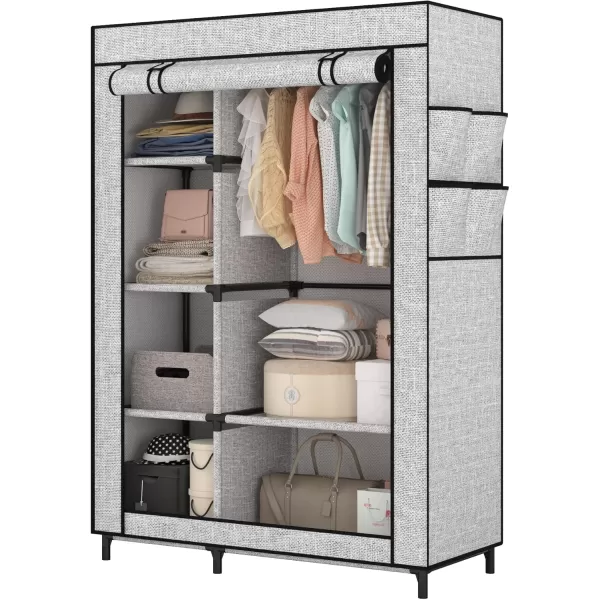 Calmootey Portable Closet Organizers Clothing Storage Wardrobe with 6 Shelves and Hanging Rod NonWoven Fabric Cover with 4 Side Pockets BlackAsh Grey