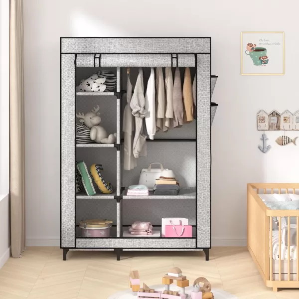 Calmootey Portable Closet Organizers Clothing Storage Wardrobe with 6 Shelves and Hanging Rod NonWoven Fabric Cover with 4 Side Pockets BlackAsh Grey