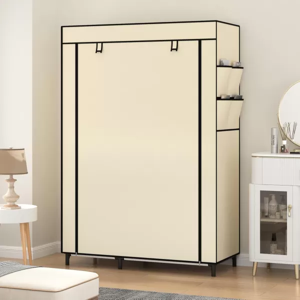 Calmootey Portable Closet Organizers Clothing Storage Wardrobe with 6 Shelves and Hanging Rod NonWoven Fabric Cover with 4 Side Pockets BlackBeige