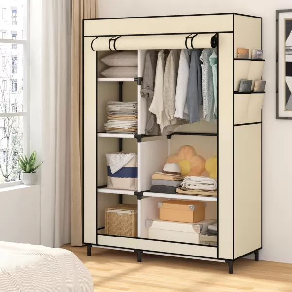 Calmootey Portable Closet Organizers Clothing Storage Wardrobe with 6 Shelves and Hanging Rod NonWoven Fabric Cover with 4 Side Pockets BlackBeige