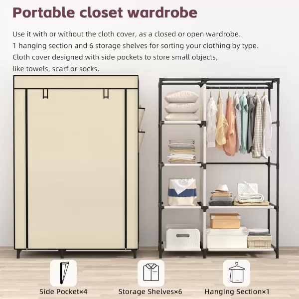 Calmootey Portable Closet Organizers Clothing Storage Wardrobe with 6 Shelves and Hanging Rod NonWoven Fabric Cover with 4 Side Pockets BlackBeige