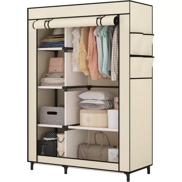 Calmootey Portable Closet Organizers Clothing Storage Wardrobe with 6 Shelves and Hanging Rod NonWoven Fabric Cover with 4 Side Pockets BlackBeige