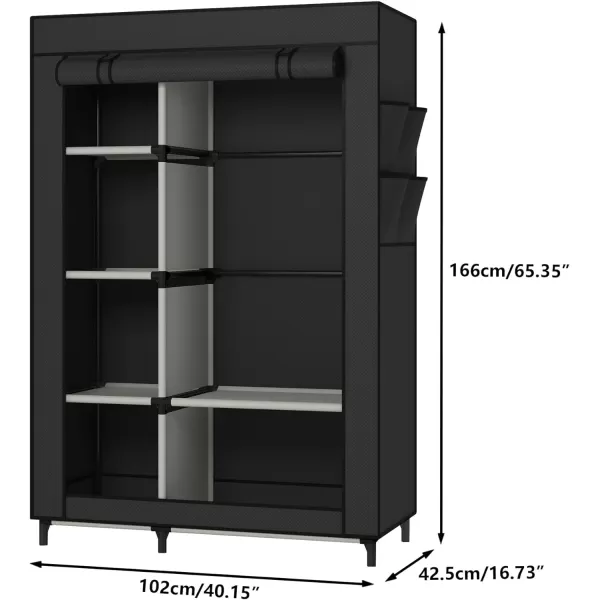 Calmootey Portable Closet Organizers Clothing Storage Wardrobe with 6 Shelves and Hanging Rod NonWoven Fabric Cover with 4 Side Pockets BlackBlack