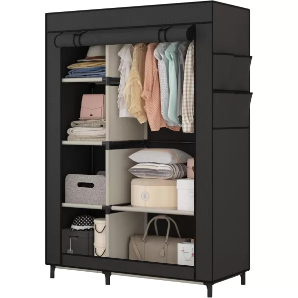 Calmootey Portable Closet Organizers Clothing Storage Wardrobe with 6 Shelves and Hanging Rod NonWoven Fabric Cover with 4 Side Pockets BlackBlack