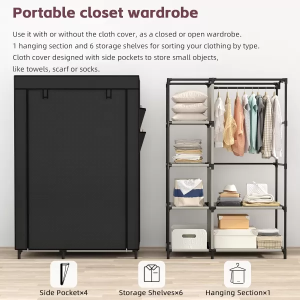 Calmootey Portable Closet Organizers Clothing Storage Wardrobe with 6 Shelves and Hanging Rod NonWoven Fabric Cover with 4 Side Pockets BlackBlack