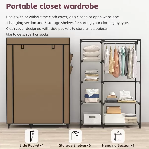 Calmootey Portable Closet Organizers Clothing Storage Wardrobe with 6 Shelves and Hanging Rod NonWoven Fabric Cover with 4 Side Pockets BlackBrown