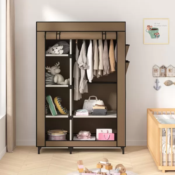 Calmootey Portable Closet Organizers Clothing Storage Wardrobe with 6 Shelves and Hanging Rod NonWoven Fabric Cover with 4 Side Pockets BlackBrown