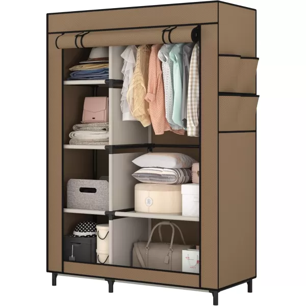 Calmootey Portable Closet Organizers Clothing Storage Wardrobe with 6 Shelves and Hanging Rod NonWoven Fabric Cover with 4 Side Pockets BlackBrown