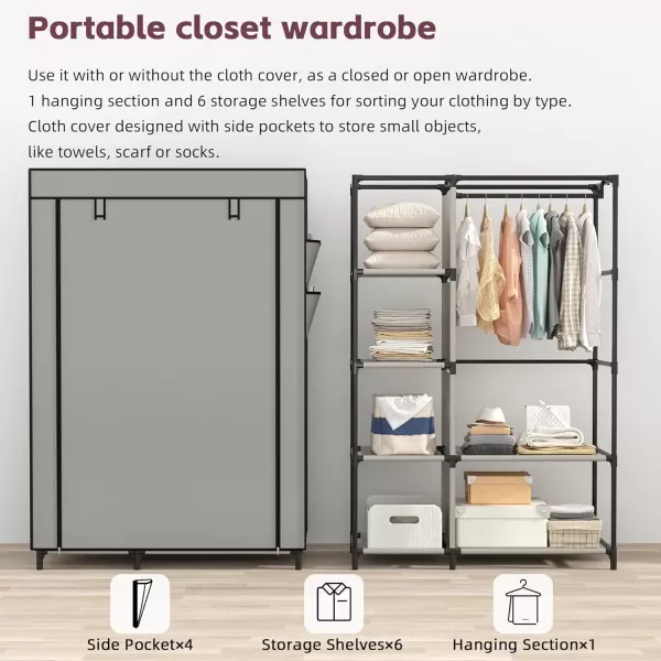 Calmootey Portable Closet Organizers Clothing Storage Wardrobe with 6 Shelves and Hanging Rod NonWoven Fabric Cover with 4 Side Pockets BlackGrey