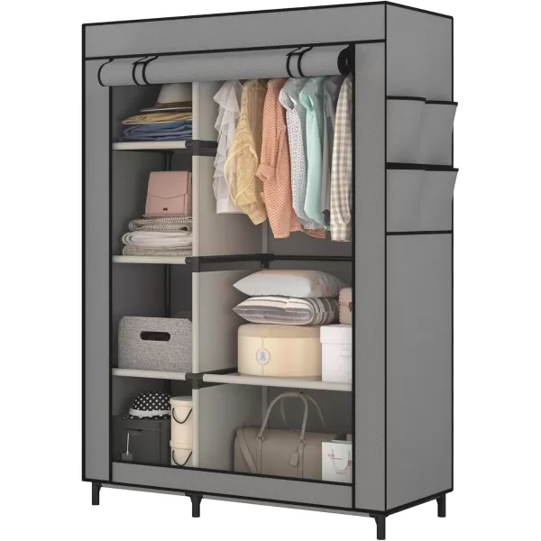 Calmootey Portable Closet Organizers Clothing Storage Wardrobe with 6 Shelves and Hanging Rod NonWoven Fabric Cover with 4 Side Pockets BlackGrey