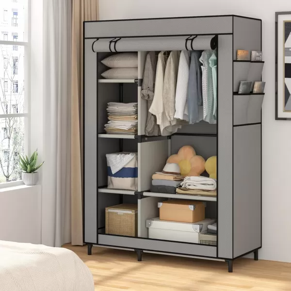 Calmootey Portable Closet Organizers Clothing Storage Wardrobe with 6 Shelves and Hanging Rod NonWoven Fabric Cover with 4 Side Pockets BlackGrey