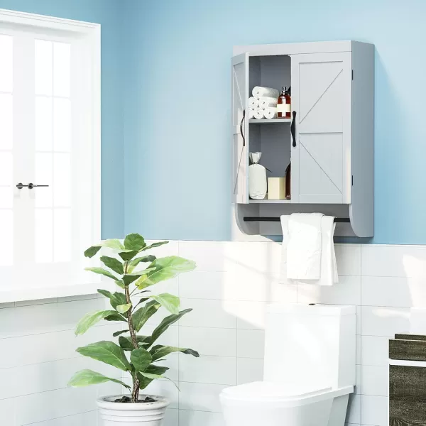 SRIWATANA Bathroom Storage Wall Cabinet Over The Toilet with Adjustable Shelf Space Saver 2Door Medicine Cabinet with Metal Bar WhiteGrey