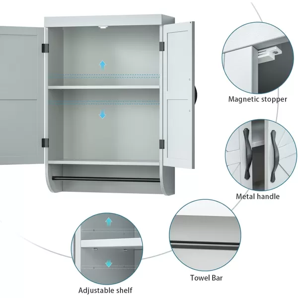 SRIWATANA Bathroom Storage Wall Cabinet Over The Toilet with Adjustable Shelf Space Saver 2Door Medicine Cabinet with Metal Bar WhiteGrey