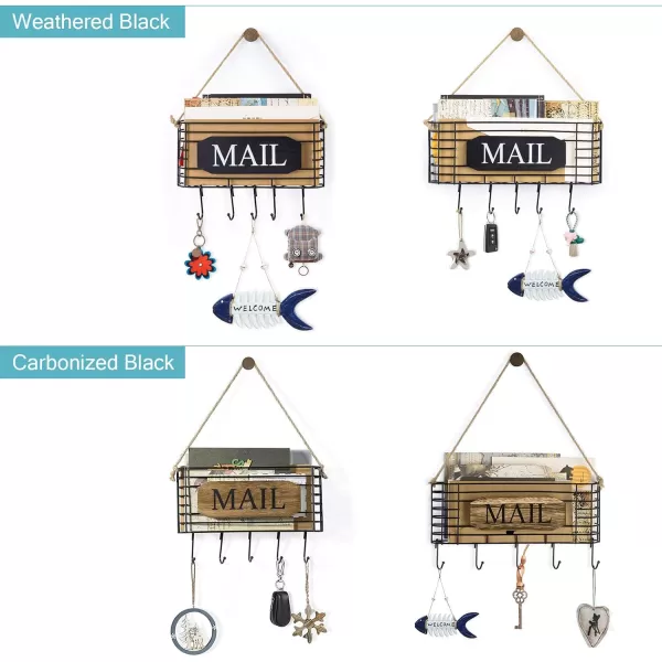 SRIWATANA Mail Organizer Wall Mount Rustic Mail Holder Key Holder for Wall with Hooks Small Size Carbonized BlackBlack