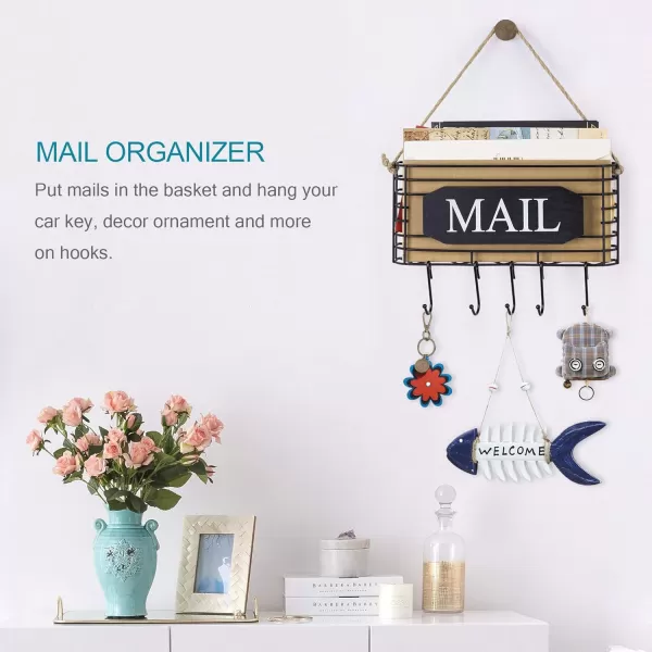 SRIWATANA Mail Organizer Wall Mount Rustic Mail Holder Key Holder for Wall with Hooks Small Size Carbonized BlackBlack