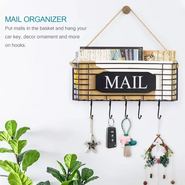 SRIWATANA Mail Organizer Wall Mount Rustic Mail Holder Key Holder for Wall with Hooks Small Size Carbonized BlackBlack