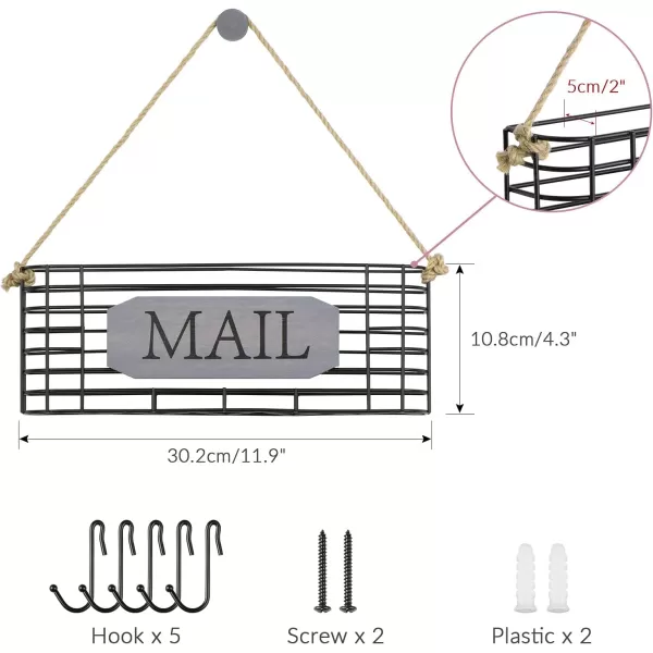 SRIWATANA Mail Organizer Wall Mount Rustic Mail Holder Key Holder for Wall with Hooks Small Size Carbonized BlackWeathered Grey