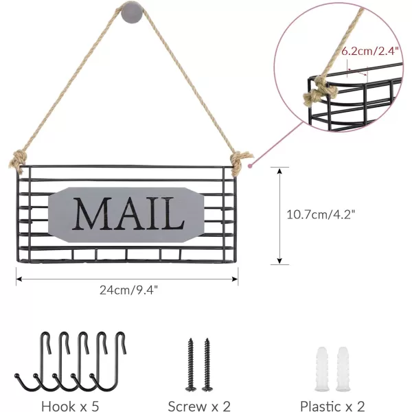 SRIWATANA Mail Organizer Wall Mount Rustic Mail Holder Key Holder for Wall with Hooks Small Size Carbonized BlackWeathered Grey