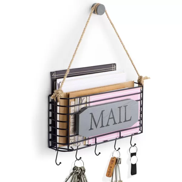 SRIWATANA Mail Organizer Wall Mount Rustic Mail Holder Key Holder for Wall with Hooks Small Size Carbonized BlackWeathered Grey