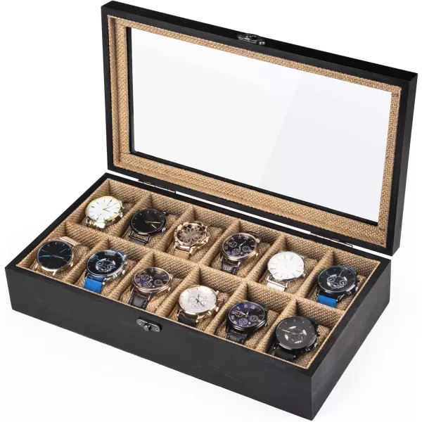 SRIWATANA Watch Box Watch Case Organizer for Men Women Fathers Day Gift 12 Slot Watch Holder Display Case with Glass Top  Gifts for Loved Ones Carbonized BlackWeathered Black