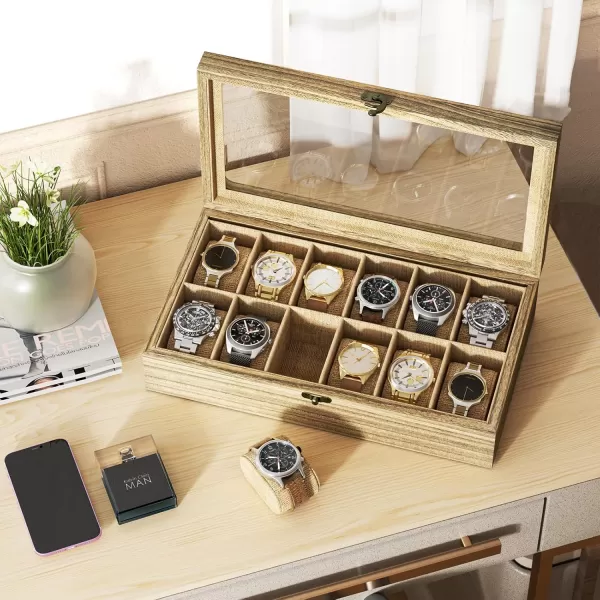 SRIWATANA Watch Box Watch Case Organizer for Men Women Fathers Day Gift 12 Slot Watch Holder Display Case with Glass Top  Gifts for Loved Ones Carbonized BlackCarbonized Black