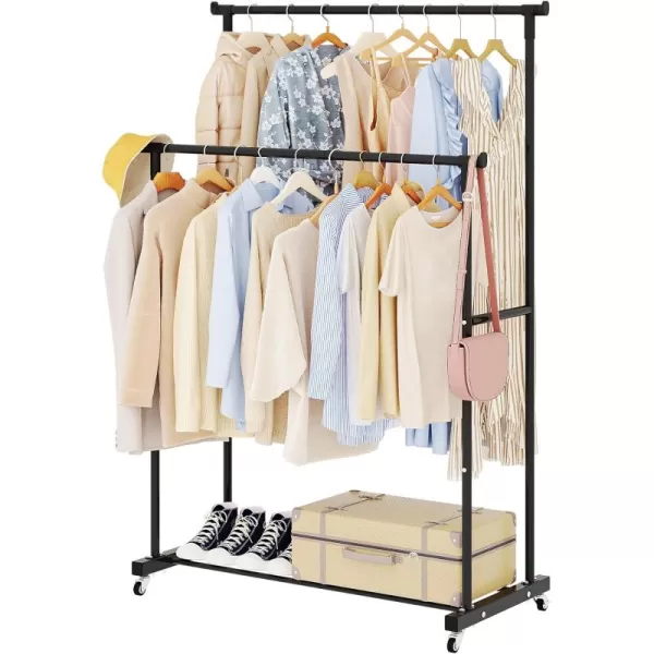 Calmootey Double Rods Clothing Rack Rolling Garment Rack Clothes Rack with Hooks Hanging Clothes Organizer for Bedroom Entryway Black