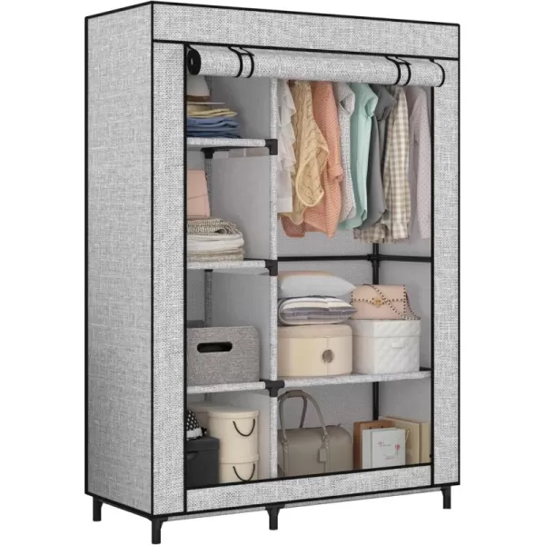 Calmootey Portable Closet Organizers Clothing Storage Wardrobe with 6 Shelves and Hanging Rod NonWoven Fabric Cover with 4 Side Pockets BlackAsh Grey