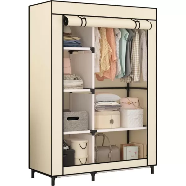 Calmootey Portable Closet Organizers Clothing Storage Wardrobe with 6 Shelves and Hanging Rod NonWoven Fabric Cover with 4 Side Pockets BlackBeige