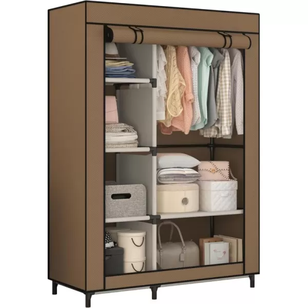 Calmootey Portable Closet Organizers Clothing Storage Wardrobe with 6 Shelves and Hanging Rod NonWoven Fabric Cover with 4 Side Pockets BlackBrown