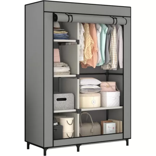 Calmootey Portable Closet Organizers Clothing Storage Wardrobe with 6 Shelves and Hanging Rod NonWoven Fabric Cover with 4 Side Pockets BlackGrey