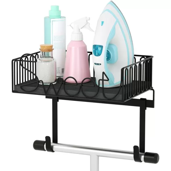 SRIWATANA Ironing Board Hanger Wall Mount Laundry Room Iron and Ironing Board Holder Laundry Room Organization and Storage with Large Storage Wood Base Basket Carbonized BlackWeathered Black