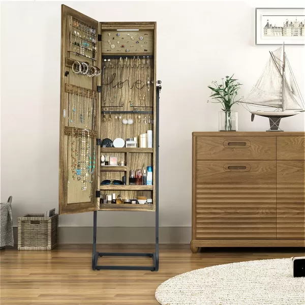 SRIWATANA Jewelry Armoire Cabinet Solid Wood Standing Jewelry Organizer with Full Length Mirror Carbonized Black