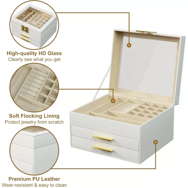 SRIWATANA Jewelry Box with Glass Lid Gifts for Mom 3Layer Jewelry Organizer with 2 Drawers for Necklaces Bracelets Earrings Rings Jewelry Storage White
