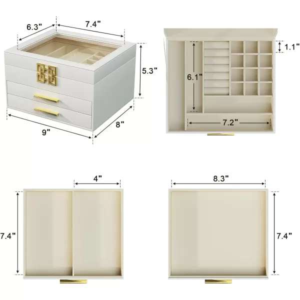SRIWATANA Jewelry Box with Glass Lid Gifts for Mom 3Layer Jewelry Organizer with 2 Drawers for Necklaces Bracelets Earrings Rings Jewelry Storage White