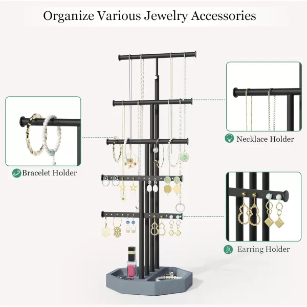 SRIWATANA Jewelry Organizer Stand Gifts for Mom 5 Tier Necklace Holder Bracelet Earring Holder Jewelry Display Stand Large Storage with Wood Base Carbonized BlackWeathered Grey