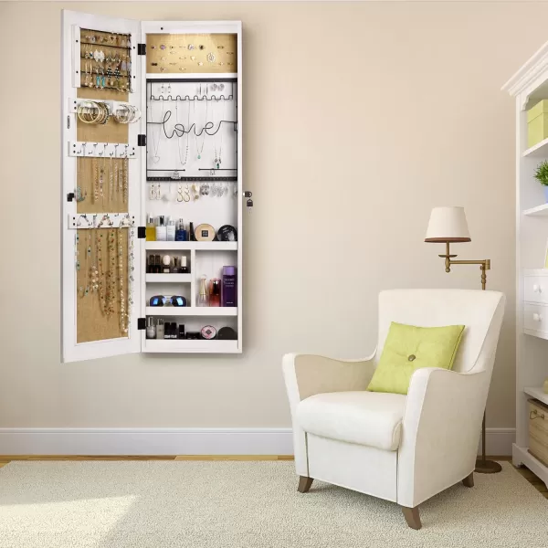 SRIWATANA Jewelry Organizer WallDoor Mounted Jewelry Armoire Cabinet with Mirror Solid WoodDark BrownWashed White