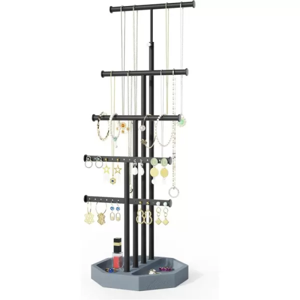 SRIWATANA Jewelry Organizer Stand Gifts for Mom 5 Tier Necklace Holder Bracelet Earring Holder Jewelry Display Stand Large Storage with Wood Base Carbonized BlackWeathered Grey