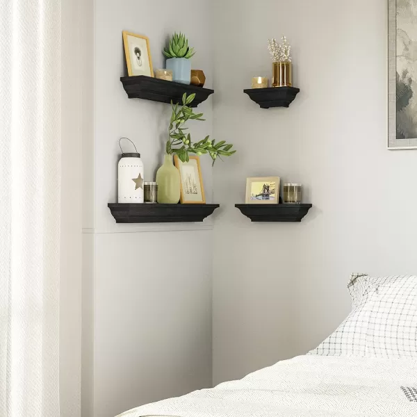 SRIWATANA White Floating Shelves 24 Inch Solid Wood Storage Wall Shelves Set of 4 Display Ledge Shelves Decor for Bedroom Living Room Bathroom Kitchen  WhiteBlack