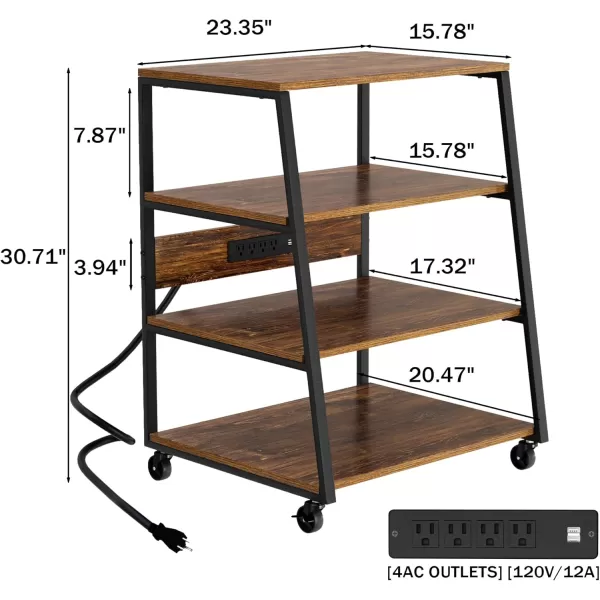 SRIWATANA 4Tier AV Media Stand with Wheels Wooden Shelves with Charge Station Stereo Component Cabinet Storage Rack Audio Tower Corner Entertainment Center for Xbox OneRecord PlayerApple TVps4