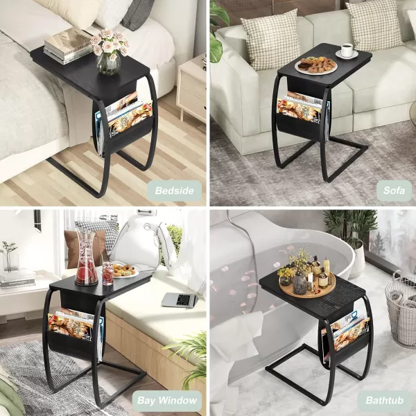 SRIWATANA Side Table C Shaped End Table with Storage Pocket and Rolling Wheels for Laptop Coffee Snack Light WalnutBlack