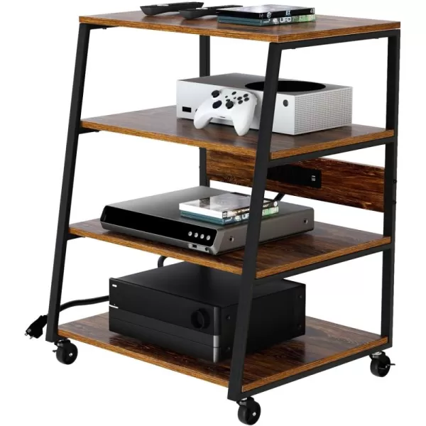 SRIWATANA 4Tier AV Media Stand with Wheels Wooden Shelves with Charge Station Stereo Component Cabinet Storage Rack Audio Tower Corner Entertainment Center for Xbox OneRecord PlayerApple TVps4