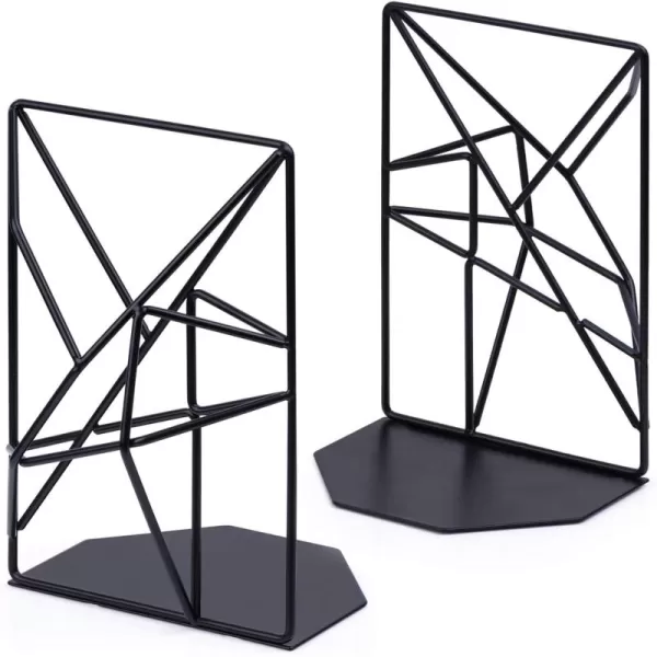 SRIWATANA Bookends Black Decorative Metal Book Ends Supports for Shelves Unique Geometric Design1 Pair2 PiecesBlack